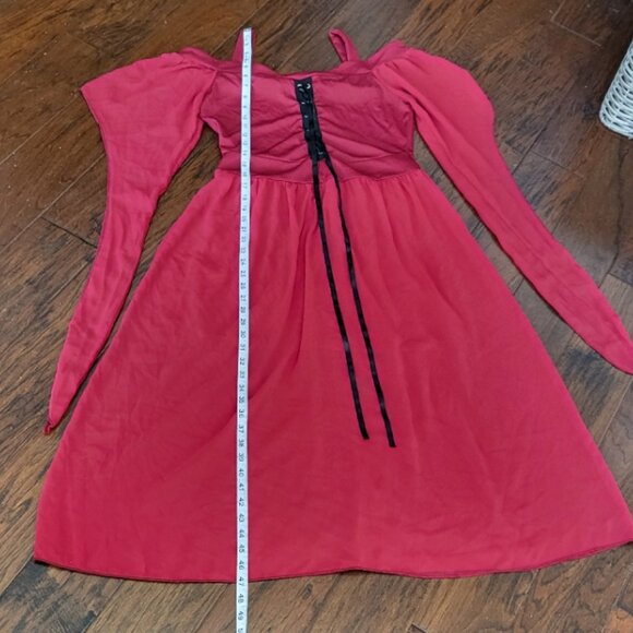 Renaissance Faire Gothic Vampire Red Dress Off-Shoulder Lace-up Dramatic Sleeves - Picture 6 of 15